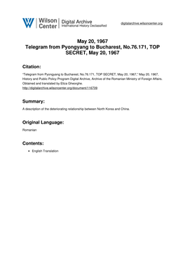 May 20, 1967 Telegram from Pyongyang to Bucharest, No.76.171, TOP SECRET, May 20, 1967