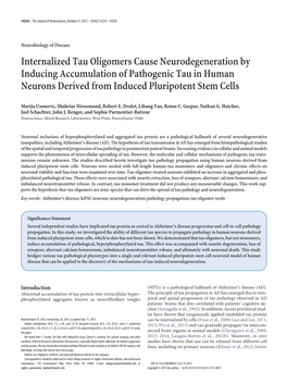 Internalized Tau Oligomers Cause Neurodegeneration by Inducing Accumulation of Pathogenic Tau in Human Neurons Derived from Induced Pluripotent Stem Cells