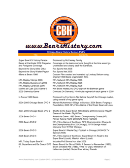 Chicago Bears History Custom DVD's Title Contents Super Bowl XX
