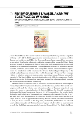 Review of Jerome T. Walsh, Ahab: the Construction of a King (Collegeville, Mn: a Michael Glazier Book, Liturgical Press, 2006)