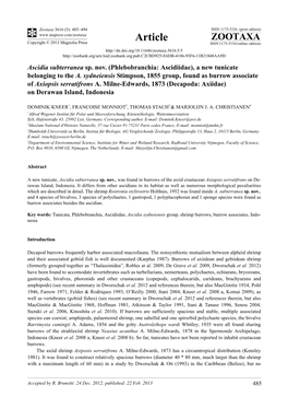 Ascidia Subterranea Sp. Nov. (Phlebobranchia: Ascidiidae), a New Tunicate Belonging to the A