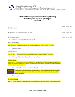 Medical Advisory Committee Monthly Meeting Tuesday, June 30, 2020 @6:30 Pm