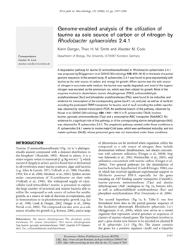 Genome-Enabled Analysis of the Utilization of Taurine As Sole Source of Carbon Or of Nitrogen by Rhodobacter Sphaeroides 2.4.1