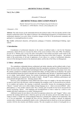 ARCHITECTURAL EDUCATION POLICY Kharkiv National University of Civil Engineering and Architecture 40, Sumśka Str., 61002 Kharkiv, Ukraine, Abouryak@Yahoo.Com