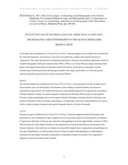 Archaeology and Ethnography in the Guiana Highlands © DUIN 2011 1 DUIN Renzo S., 2011. Plus D'une Langu