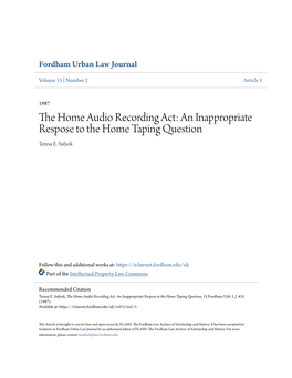 The Home Audio Recording Act: an Inappropriate Respose to the Home Taping Question, 15 Fordham Urb