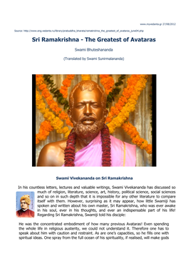 Sri Ramakrishna - the Greatest of Avataras