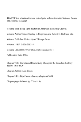 Growth and Productivity Change in the Canadian Railway Sector, 1871-1926