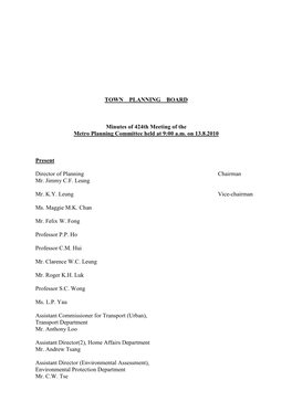 TOWN PLANNING BOARD Minutes of 424Th Meeting of the Metro Planning Committee Held at 9:00 A.M. on 13.8.2010 Present Director O