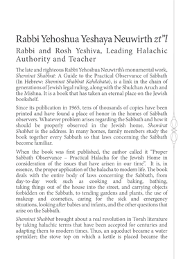 Rabbi Yehoshua Yeshaya Neuwirth Zt”L Rabbi and Rosh Yeshiva, Leading Halachic Authority and Teacher