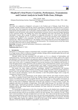 Shepherd's Oral Poetry Creativity, Performance, Transmission and Content Analysis in South Wollo Zone, Ethiopia