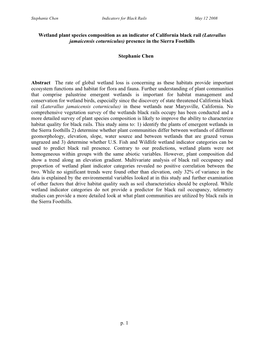 Wetland Plant Species Composition As an Indicator of California Black Rail (Laterallus Jamaicensis Coturniculus) Presence in the Sierra Foothills