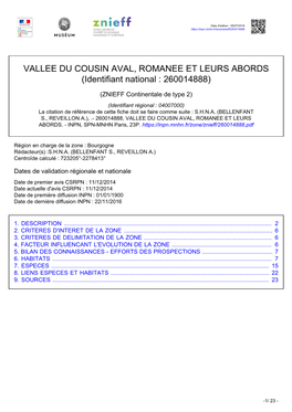 VALLEE DU COUSIN AVAL, ROMANEE ET LEURS ABORDS (Identifiant National : 260014888)