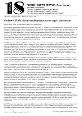 KAZAKHSTAN: Soviet-Era Baptist Prisoner Again Prosecuted