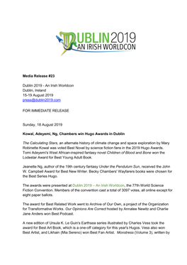 Media Release #23 Dublin 2019