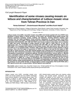 Identification of Some Viruses Causing Mosaic on Lettuce and Characterization of Lettuce Mosaic Virus from Tehran Province in Iran