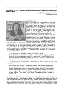 LA LENGUA DE LOS PÁJAROS: FILOMENA COMO SÍMBOLO EN LA POESÍA DE PILAR PAZ PASAMAR Ana Sofia Pérez-Bustamante Mourier Universidad De Cádiz