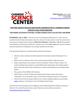 EXPLORE AQUATIC WILDLIFE and WATER CONSERVATION at CARNEGIE SCIENCE CENTER's H2oh! RIVER WEEKEND FEATURING OUTDOOR ACTIVITIES