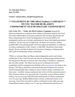 STATEMENT by the #Haltsolitary CAMPAIGN*** on NYC MAYOR DE BLASIO’S COMMITMENT to END SOLITARY CONFINEMENT