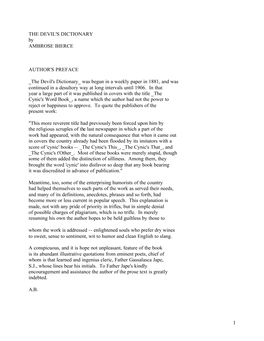 1 the DEVIL's DICTIONARY by AMBROSE BIERCE AUTHOR's PREFACE the Devil's Dictionary Was Begun in a Weekly Paper in 1881, and W