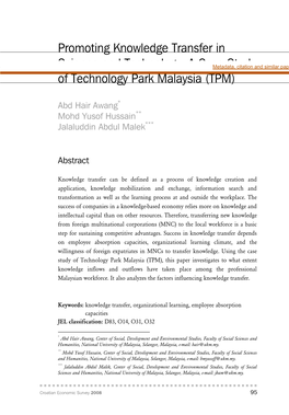 Promoting Knowledge Transfer in Science and Technology: a Case Study of Technology Park Malaysia (TPM)