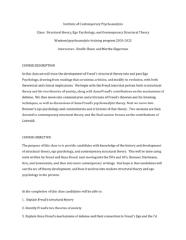 Institute of Contemporary Psychoanalysis Class: Structural Theory, Ego Psychology, and Contemporary Structural Theory Weekend P