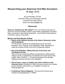 Researching Your American Civil War Ancestors 16 Sept. 2015 ~