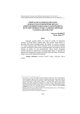 Maraş Eyâleti Örneğinde Devlet Görevlilerinin Eşkiyalik Faaliyetleri Ve Bunlarin Merkez-Taşra Yazişmalarindaki Yansimalari (1590-1750)