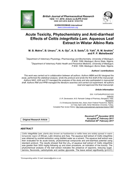 Acute Toxicity, Phytochemistry and Anti-Diarrheal Effects of Celtis Integrifolia Lam