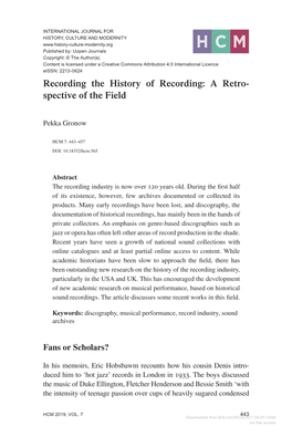 Recording the History of Recording: a Retro­ Spective of the Field