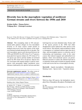 Diversity Loss in the Macrophyte Vegetation of Northwest German Streams and Rivers Between the 1950S and 2010