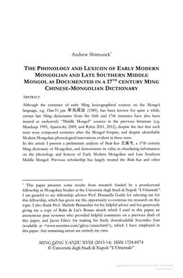 The Phonology and Lexicon of Early Modern Mongolian and Late Southern Middle Mongol As Documented in a 17Th Century Ming Chinese-Mongolian Dictionary