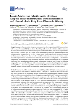 Lauric Acid Versus Palmitic Acid: Eﬀects on Adipose Tissue Inﬂammation, Insulin Resistance, and Non-Alcoholic Fatty Liver Disease in Obesity