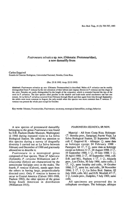 Psaironeura Selvatica Sp. Nov. (Odonata: Protoneuridae), a New Damselfly from P. P. Remissa 1901-1908, 1988