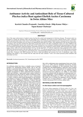 Antitumor Activity and Antioxidant Role of Tissue-Cultured Pluchea Indica Root Against Ehrlich Ascites Carcinoma in Swiss Albino Mice