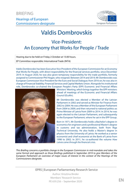 Valdis Dombrovskis Vice-President: an Economy That Works for People / Trade