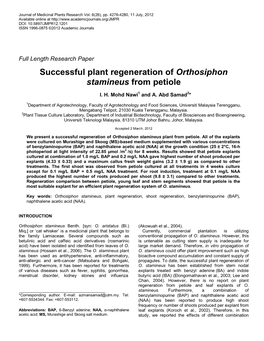 Successful Plant Regeneration of Orthosiphon Stamineus from Petiole