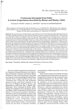 Cretaceous Theropods from India: a Review of Specimens Described by Huene and Matley (1933)