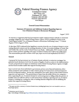 General Counsel Memorandum; Summary of Comments and Additional Analysis Regarding Input on Use of Eminent Domain to Restructure