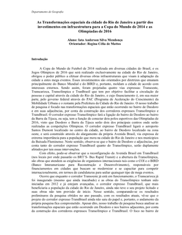As Transformações Espaciais Da Cidade Do Rio De Janeiro a Partir Dos Investimentos Em Infraestrutura Para a Copa Do Mundo De 2014 E As Olimpíadas De 2016