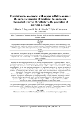 D-Penicillamine Cooperates with Copper Sulfate to Enhance the Surface Expression of Functional Fas Antigen in Rheumatoid Synovia