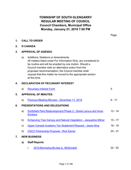 TOWNSHIP of SOUTH GLENGARRY REGULAR MEETING of COUNCIL Council Chambers, Municipal Office Monday, January 21, 2019 7:00 PM