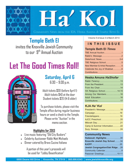 Let the Good Times Roll! Celebrate the Joy of Shabbat….….…..6 Contributions…………...………………..7