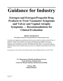 FDA Guidance Estrogen and Estrogen/Progestin Drug Products to Treat Vasomotor Symptoms & Vulvar & Vaginal