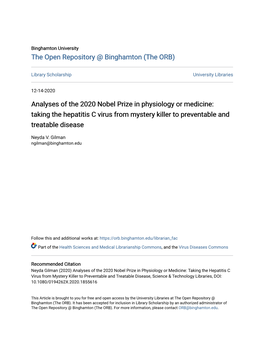 Analyses of the 2020 Nobel Prize in Physiology Or Medicine: Taking the Hepatitis C Virus from Mystery Killer to Preventable and Treatable Disease