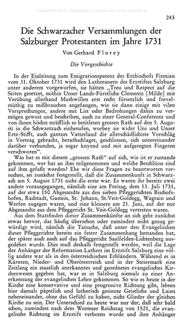 Die Schwarzacher Versammlungen Der Salzburger Protestanten Im Jahre 1731 Von Gerhard F 1 O R E Y