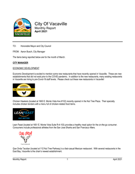 City of Vacaville Monthly Report April 2021