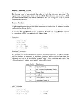 Boolean Conditions, If-Then the Physical Order of a Program Is The