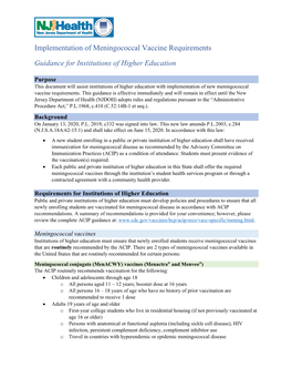 Implementation of Meningococcal Vaccine Requirements Guidance for Institutions of Higher Education