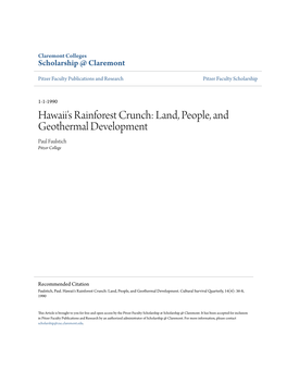 Hawaii's Rainforest Crunch: Land, People, and Geothermal Development Paul Faulstich Pitzer College